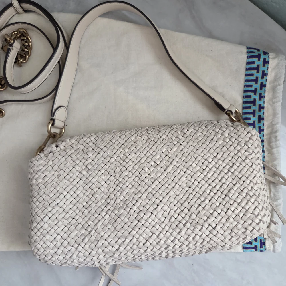 Tory Burch Ivory Woven Fringe Crossbody with Gold Hardware